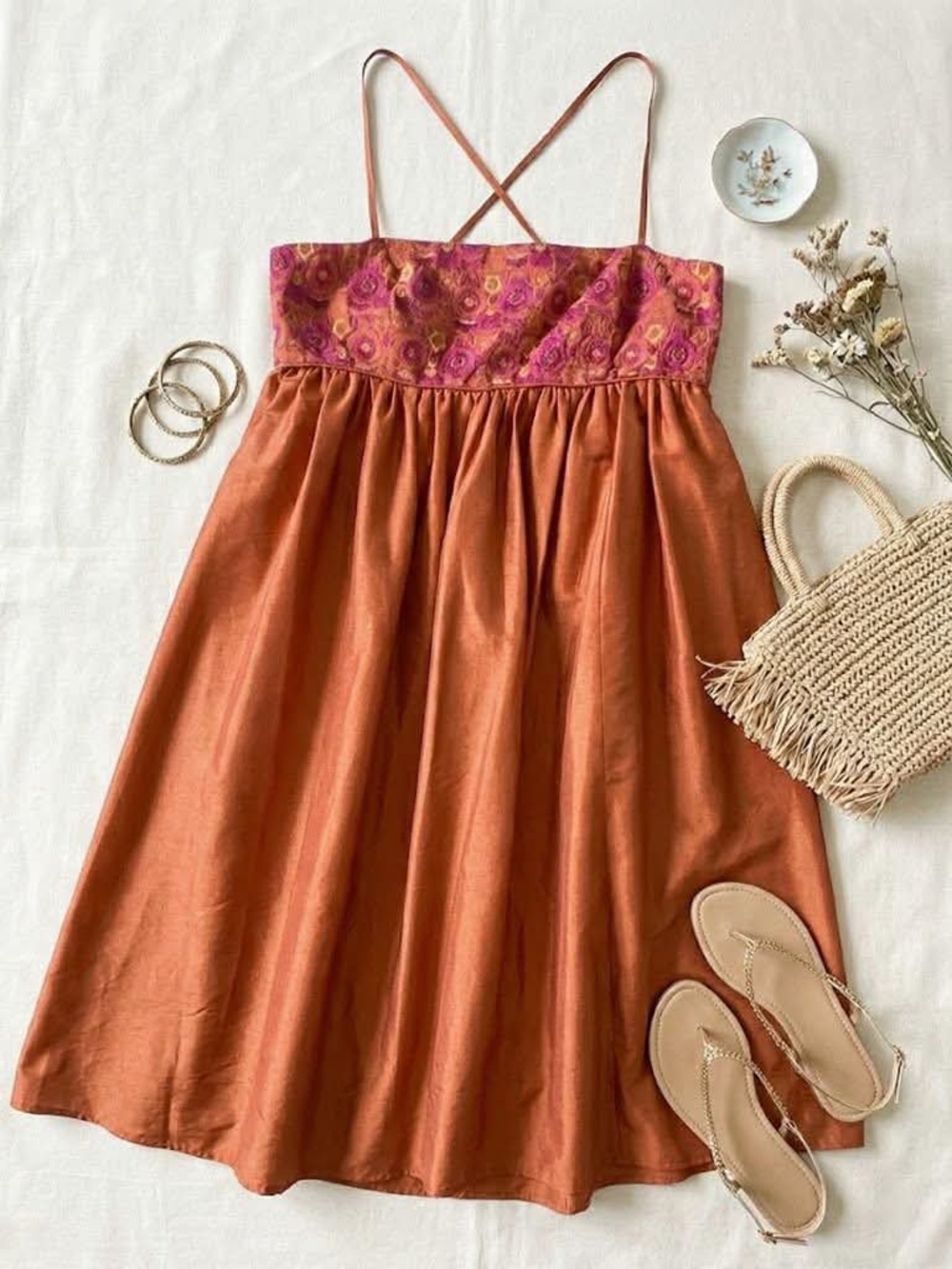 Laundry By Shelli Segal Pink Floral Bodice with Rust Skirt Spaghetti-Strap Dress